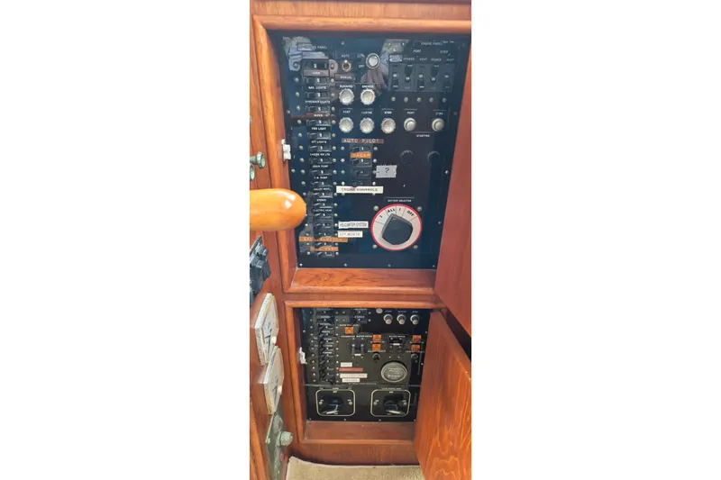 Burnin Daylight Yacht Photos Pics Electrical panel of 1983 Grand Banks 42 Classic yacht with switches and controls.