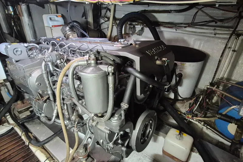 Burnin Daylight Yacht Photos Pics Engine room of 1983 Grand Banks 42 Classic with Yanmar engine.