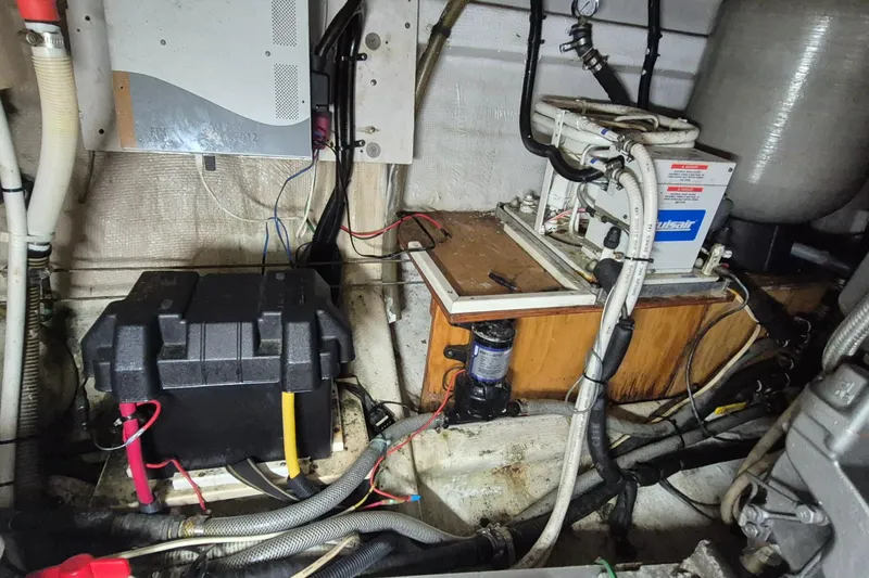 Burnin Daylight Yacht Photos Pics Engine room of 1983 Grand Banks 42 Classic with electrical components and wiring.