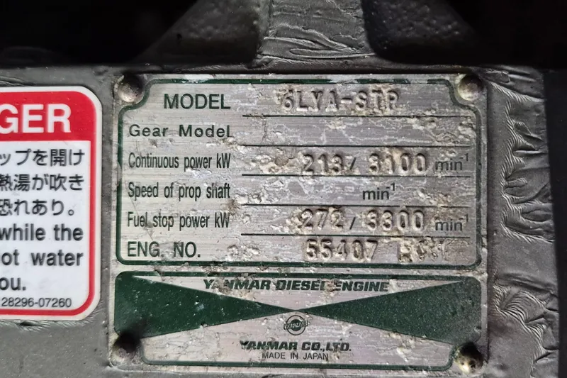 Burnin Daylight Yacht Photos Pics Yanmar diesel engine plate on 1983 Grand Banks 42 Classic, model 6LYA-STR.