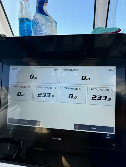  Yacht Photos Pics Garmin display showing trip data with zero usage and distance, 2023 Sportsman model.