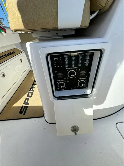  Yacht Photos Pics Control panel on a 2023 Sportsman boat, featuring various switches and dials.