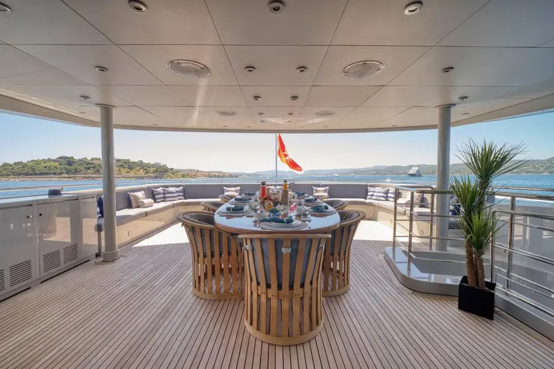  Yacht Photos Pics Luxurious 2007 Baglietto 43 yacht deck with elegant dining setup and scenic ocean view.