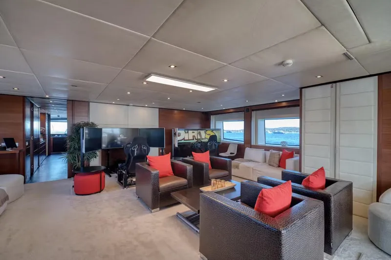  Yacht Photos Pics Luxurious interior of 2007 Baglietto 43 yacht with modern seating and large windows.