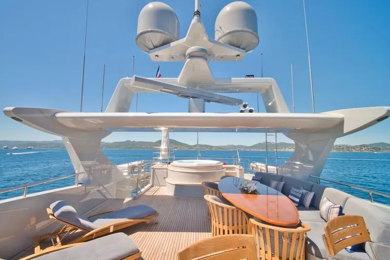  Yacht Photos Pics Luxurious 2007 Baglietto 43 yacht deck with seating, table, and ocean view.