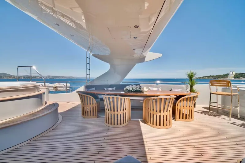  Yacht Photos Pics Luxurious 2007 Baglietto 43 yacht deck with elegant seating and ocean view.