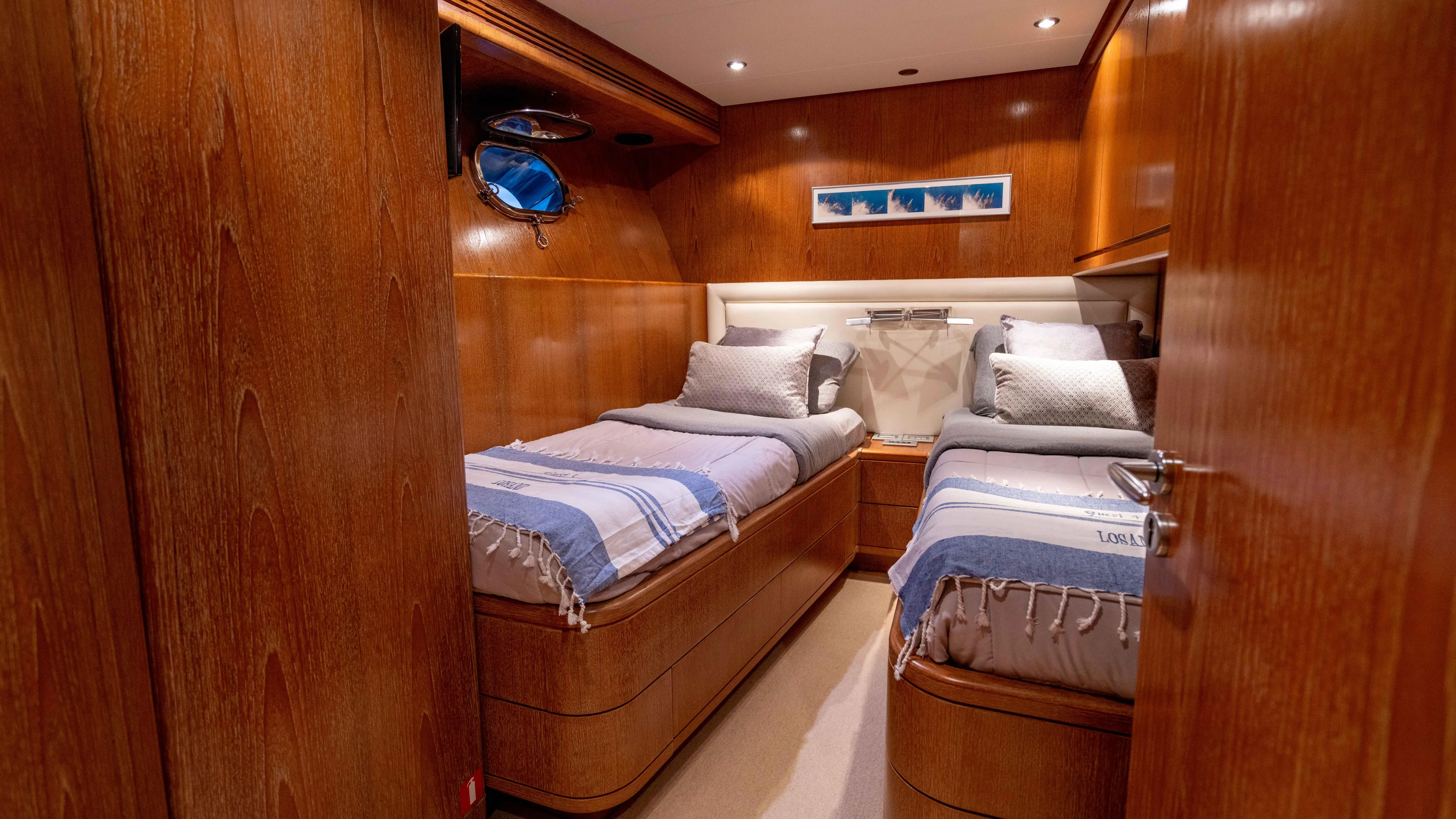 Losand Yacht Photos Pics Luxurious twin cabin in 2005 Sanlorenzo SL82 yacht with wooden interiors.