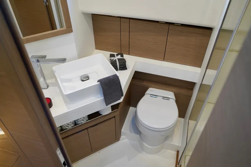  Yacht Photos Pics Modern bathroom in 2025 Pardo Yachts P43, featuring sleek sink and toilet design.