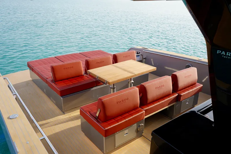  Yacht Photos Pics Luxurious seating area on 2025 Pardo Yachts P43, overlooking serene blue waters.
