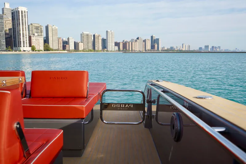  Yacht Photos Pics 2025 Pardo Yachts P43 on water with city skyline in background.