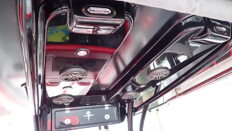  Yacht Photos Pics 2024 Statement 350 Open boat interior with sleek black finish and integrated speakers.