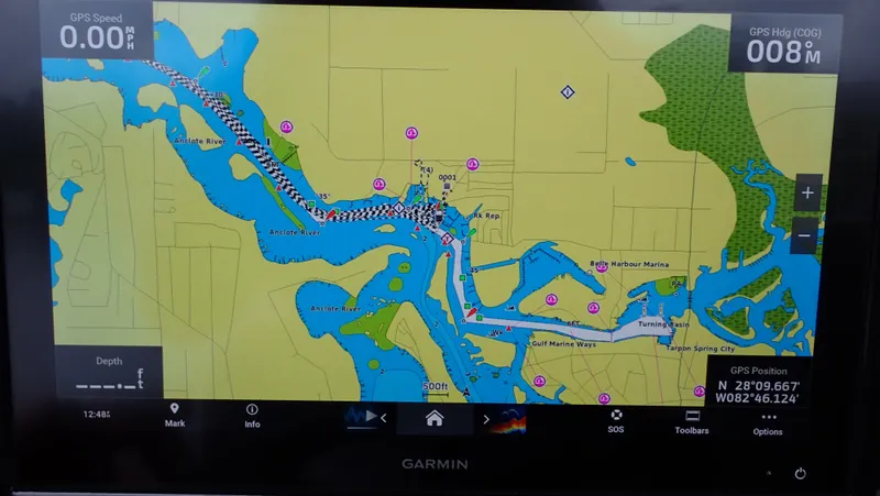  Yacht Photos Pics Garmin GPS navigation screen displaying a detailed waterway map on a 2024 Statement 350 Open.