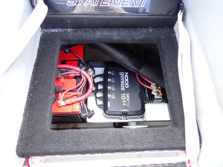  Yacht Photos Pics 2024 Statement 350 Open battery compartment with NOCO Genius charger.