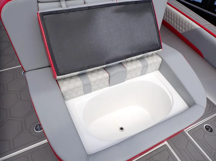  Yacht Photos Pics 2024 Statement 350 Open boat seat with built-in storage compartment.