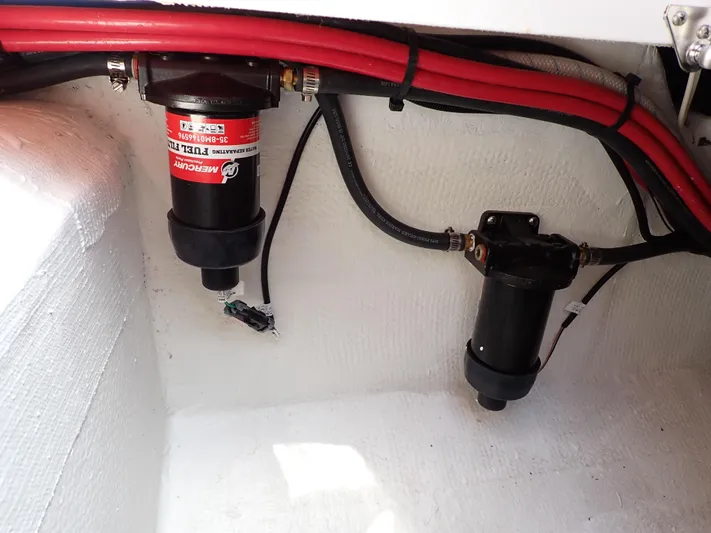  Yacht Photos Pics 2024 Statement 350 Open boat wiring and components in engine compartment.