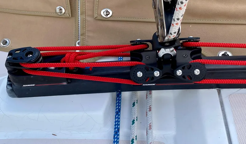 Delta Sand Yacht Photos Pics Sailing rigging on a 2000 Sabre 362 with red and blue ropes.