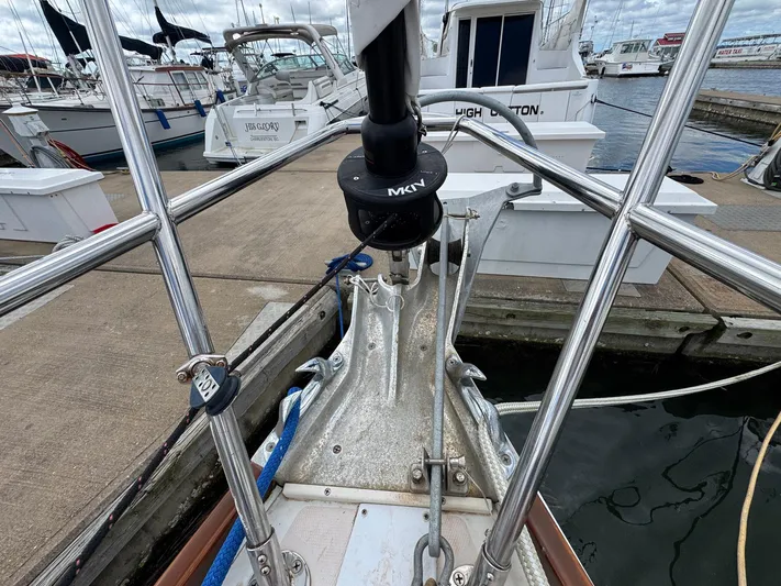 Delta Sand Yacht Photos Pics Bow of a 2000 Sabre 362 sailboat docked at a marina.