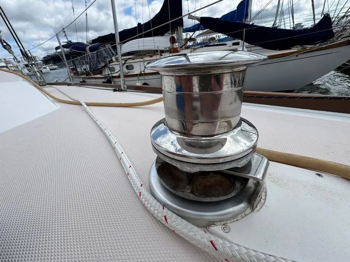 Delta Sand Yacht Photos Pics Sailboat deck with winch and ropes, Sabre 362, 2000 model, docked in marina.