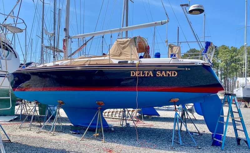 Delta Sand Yacht Photos Pics Sailboat "Delta Sand" on stands, Sabre 362 model, 2000, in a boatyard.