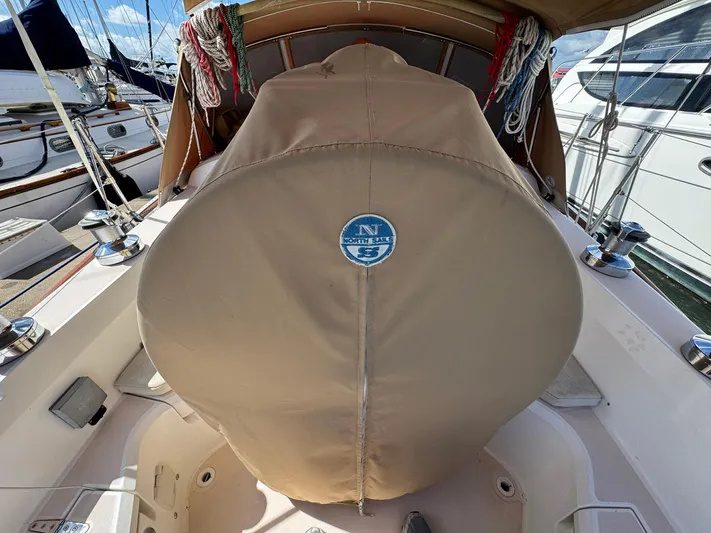 Delta Sand Yacht Photos Pics Sailboat cockpit with covered wheel, Sabre 362, 2000 model, docked at marina.