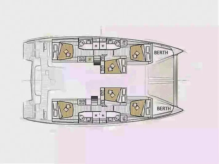  Yacht Photos Pics Floor plan of 2023 Excess 15 catamaran, featuring multiple berths and cabins.