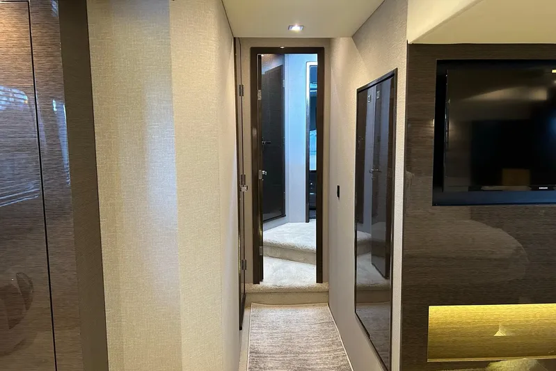 2021 Cruisers Yachts 50 Cantius Yacht Photos Pics Interior hallway of 2021 Cruisers Yachts 50 Cantius, featuring modern design and sleek finishes.