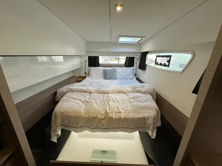 Elba 45 Yacht Photos Pics Luxurious bedroom interior of 2021 Fountaine Pajot Catamaran Elba 45 with modern design.