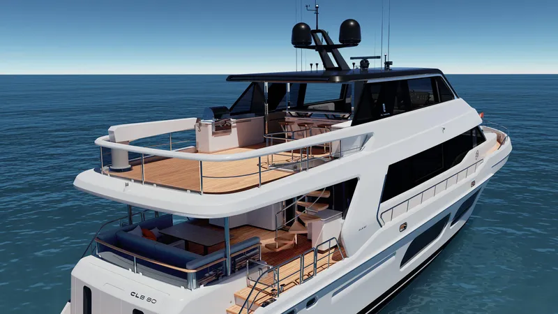  Yacht Photos Pics 2026 CL Yachts CLB80 luxury yacht on open sea, showcasing sleek design and spacious decks.