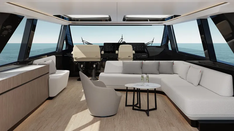  Yacht Photos Pics Luxurious interior of 2026 CL Yachts CLB80 with modern seating and ocean view.