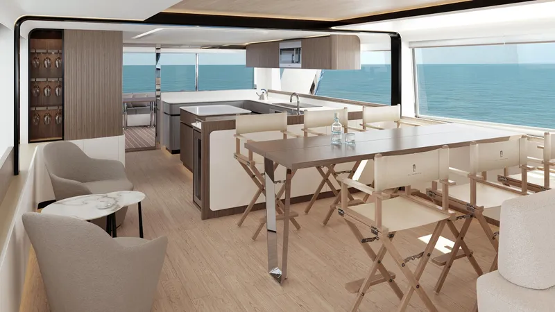  Yacht Photos Pics Luxurious interior of 2026 CL Yachts CLB80 with ocean view, featuring modern dining and kitchen area.