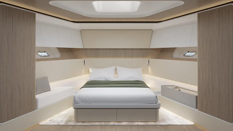  Yacht Photos Pics Luxurious 2026 CL Yachts CLB80 bedroom interior with modern design and elegant lighting.