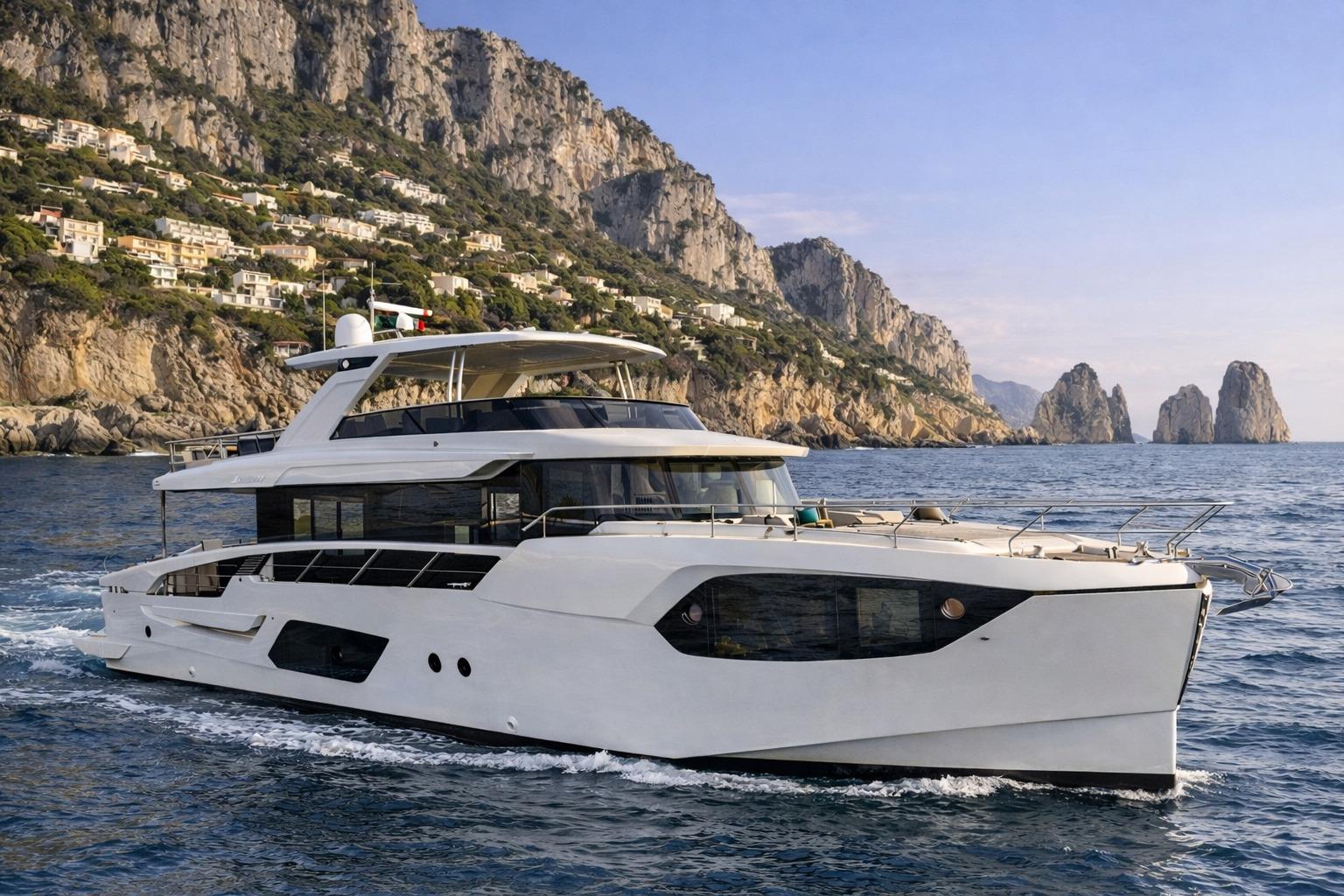 Luxury Absolute 70 Navetta yacht cruising near scenic cliffs, 2026 model.