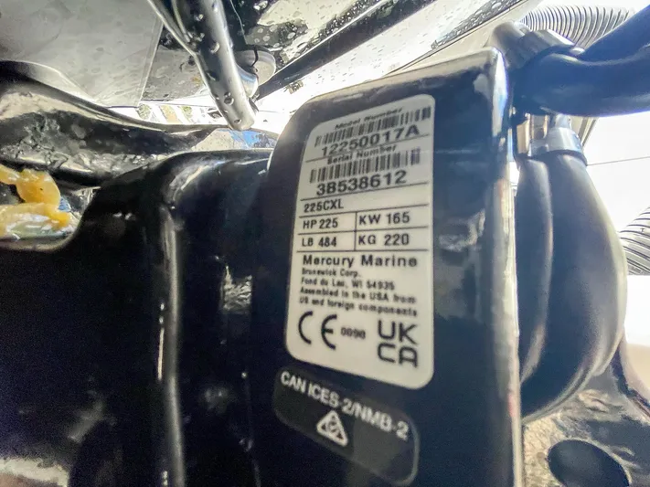  Yacht Photos Pics Label on Mercury Marine engine, Ribco Venom 30, 2025 model, showing specifications and certifications.