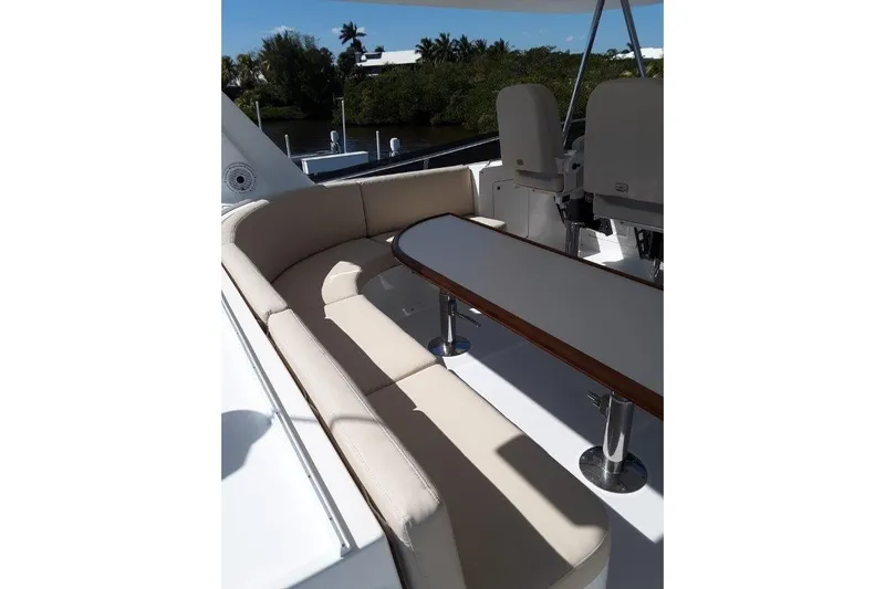 Endless Summer Yacht Photos Pics Luxurious flybridge seating area on 2008 Offshore Yachts 62 Flushdeck, featuring elegant design and comfort.