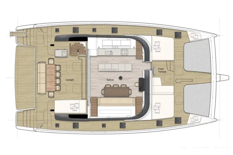 Serenity Yacht Photos Pics Floor plan of 2024 Sunreef 60 yacht, featuring cockpit, saloon, and front terrace.