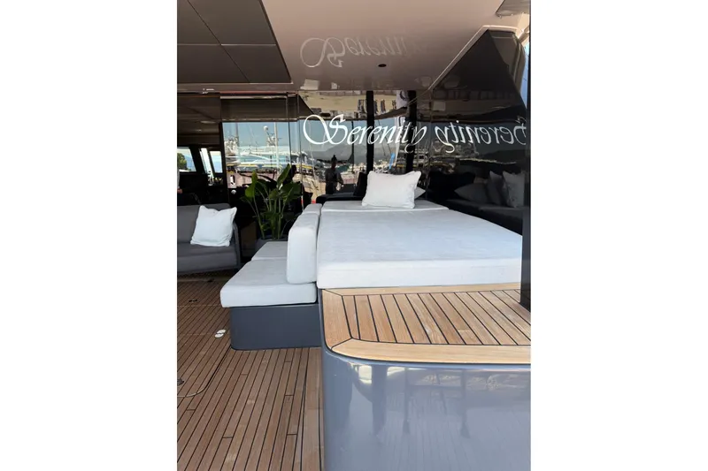 Serenity Yacht Photos Pics Luxurious Sunreef 60 yacht interior with elegant seating, 2024 model.