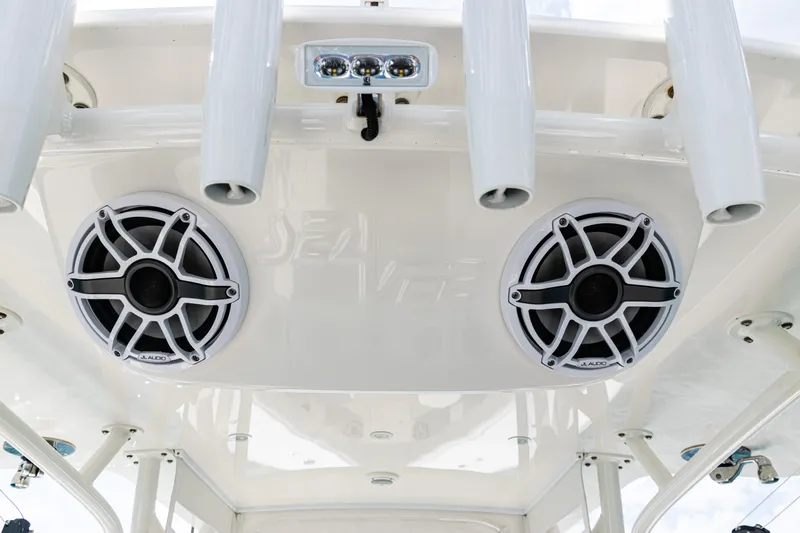  Yacht Photos Pics 2022 SeaVee 370z boat speakers and rod holders on the ceiling.