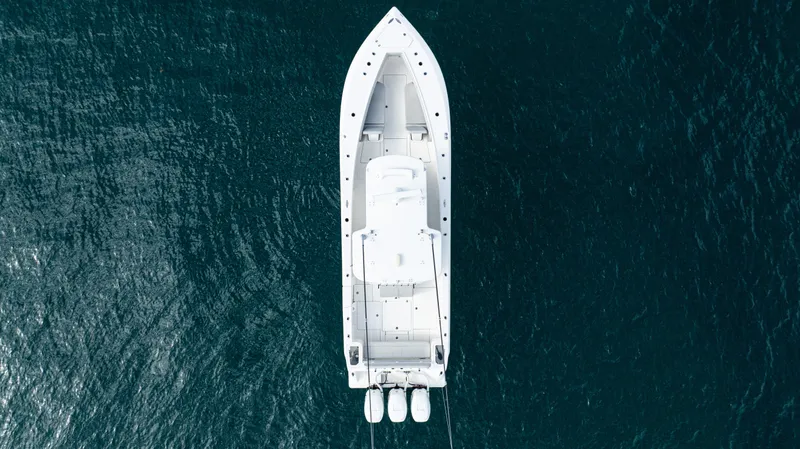  Yacht Photos Pics Aerial view of 2022 SeaVee 370z boat on open water.