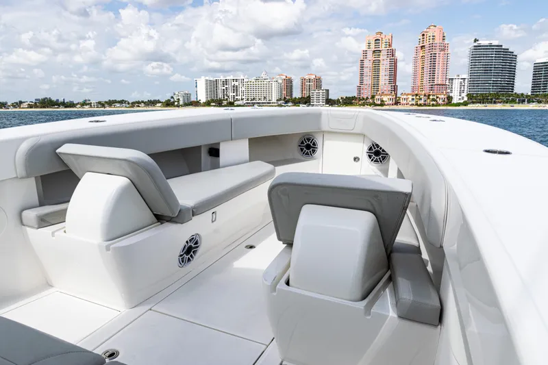  Yacht Photos Pics 2022 SeaVee 370z boat interior with city skyline in background.
