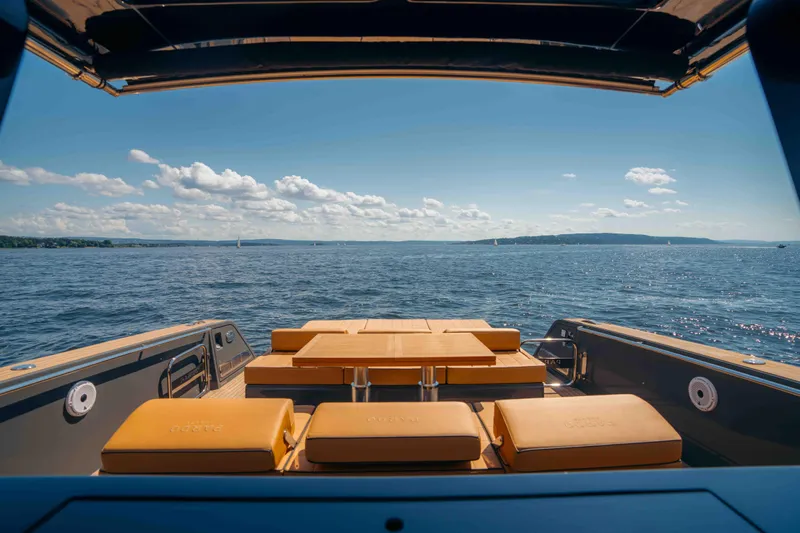 Delilah Yacht Photos Pics 2024 Pardo Yachts 43 with luxurious seating, overlooking serene ocean view.