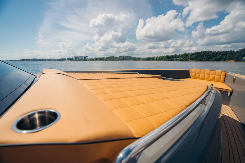 Delilah Yacht Photos Pics 2024 Pardo Yachts 43 with luxurious deck seating and scenic water view.