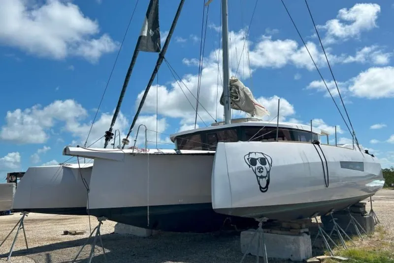  Yacht Photos Pics 2023 NEEL 47 trimaran on land, featuring a dog logo, under a clear blue sky.