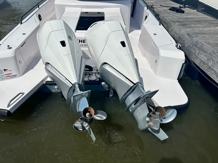 Rachel's Glory Yacht Photos Pics Twin outboard engines on a 2022 Axopar 37 XC Cross Cabin BRABUS LINE boat.