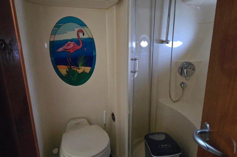 Mojito Yacht Photos Pics Bathroom in 2004 Sea Ray 480 Motor Yacht with flamingo wall art and shower.