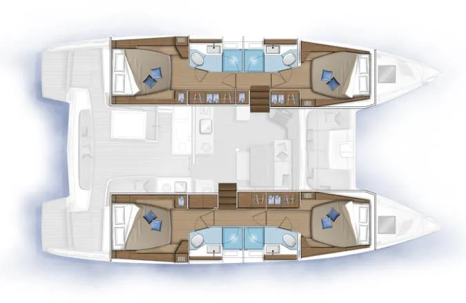 Watercolor Yacht Photos Pics Floor plan of 2023 Lagoon 46 catamaran, featuring spacious cabins and modern amenities.