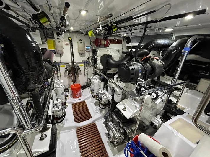 Novia II Yacht Photos Pics Engine room of 2020 Marlow Explorer 66E yacht, featuring advanced machinery and equipment.