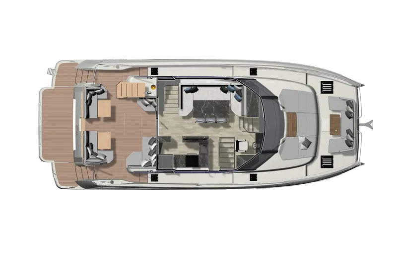 M3400 Yacht Photos Pics Manufacturer Provided Image: Top view of 2025 Prestige M48 yacht layout, showcasing spacious deck and interior design.