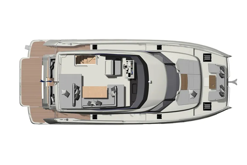 M3400 Yacht Photos Pics Manufacturer Provided Image: Top view of 2025 Prestige M48 yacht layout, showcasing spacious deck and seating areas.