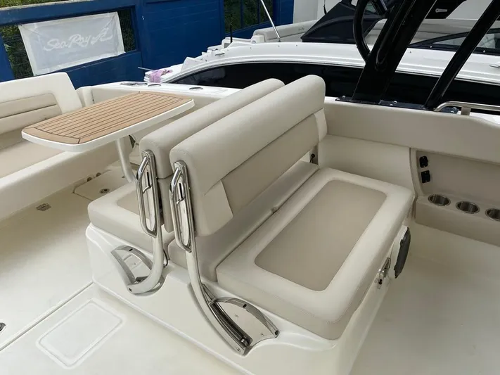 2023 Boston Whaler 320vantage @ Puerto Vallarta Yacht Photos Pics Interior of 2023 Boston Whaler 320 Vantage with seating area.
