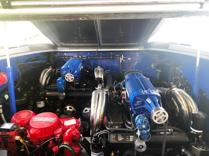  Yacht Photos Pics Engine compartment of 2013 Nor-Tech 477 SPX Vee Bottom with dual blue superchargers.